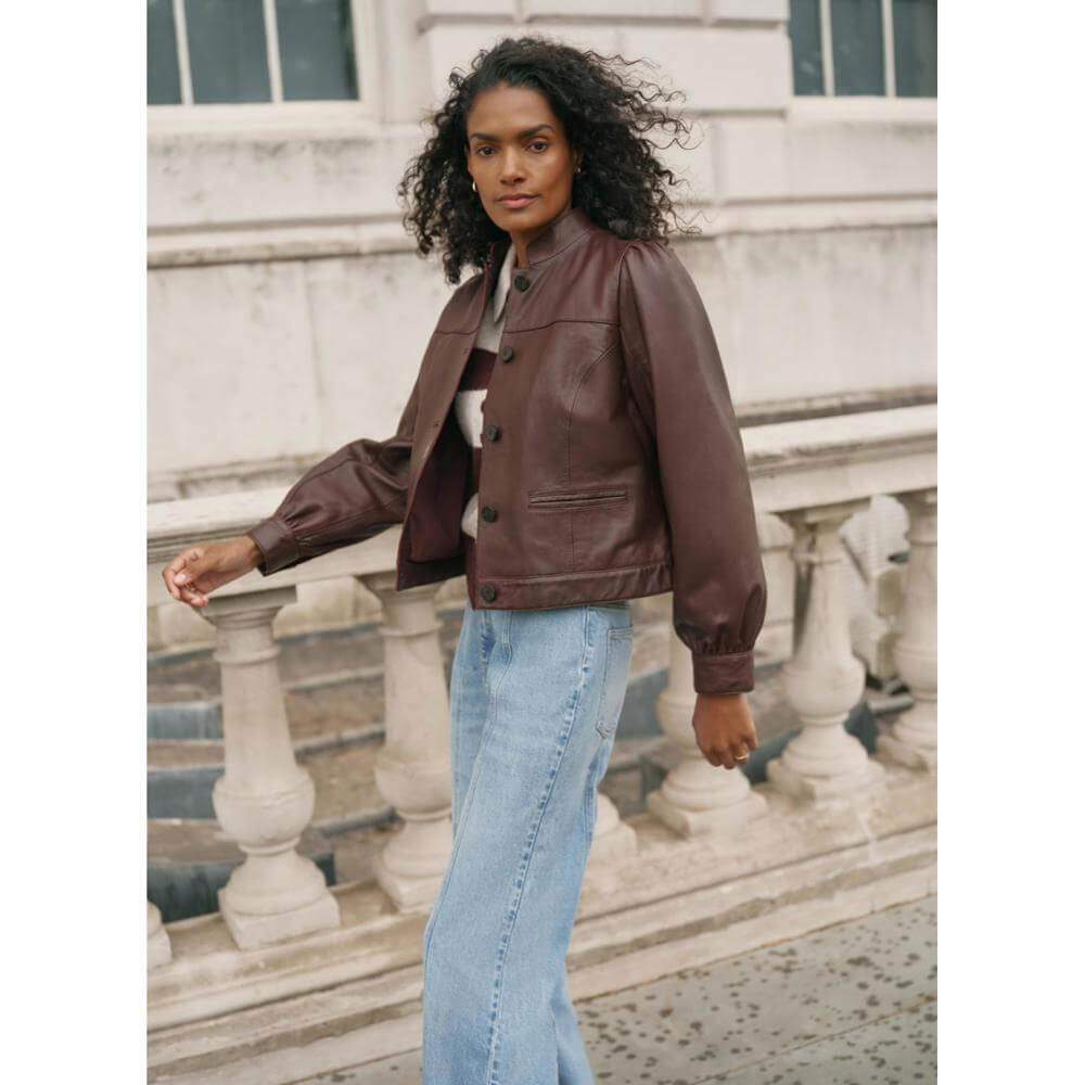 Mint Velvet Burgundy Leather Puff Sleeve Jacket